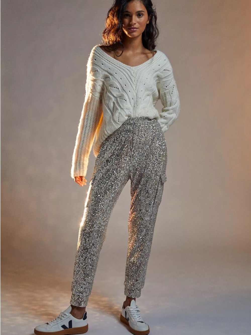 NWT Versona Sequin Cargo Jogger Pants in Silver -